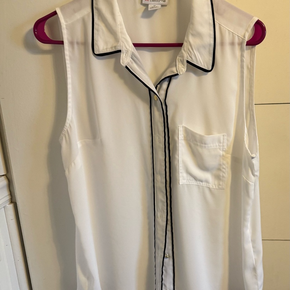 White Sleeveless Blouse with Black Trim